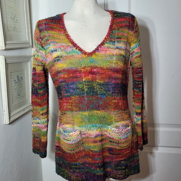 Bobbie Brooks Rainbow Colors Knit Sweater V Neck  Pockets Colorful Large - Picture 4 of 9